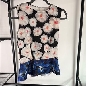 Zara Black Floral Sleeveless Peplum Top with Blue Hem